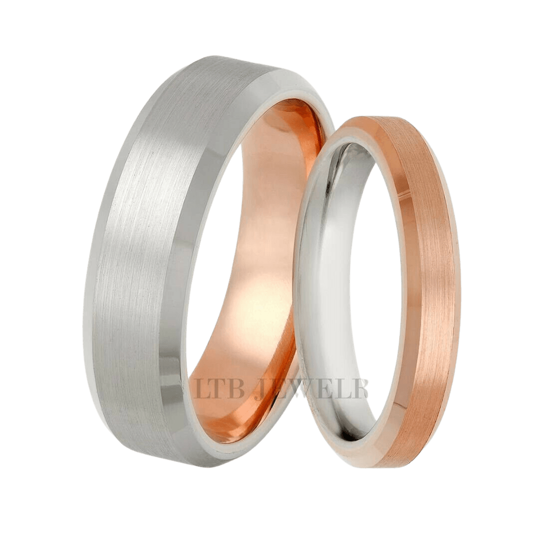 His and Hers 10K 14K 18K Two Tone Gold Wedding Bands, satin and shiny finishes, comfort fitted, 6mm and 4mm wide.