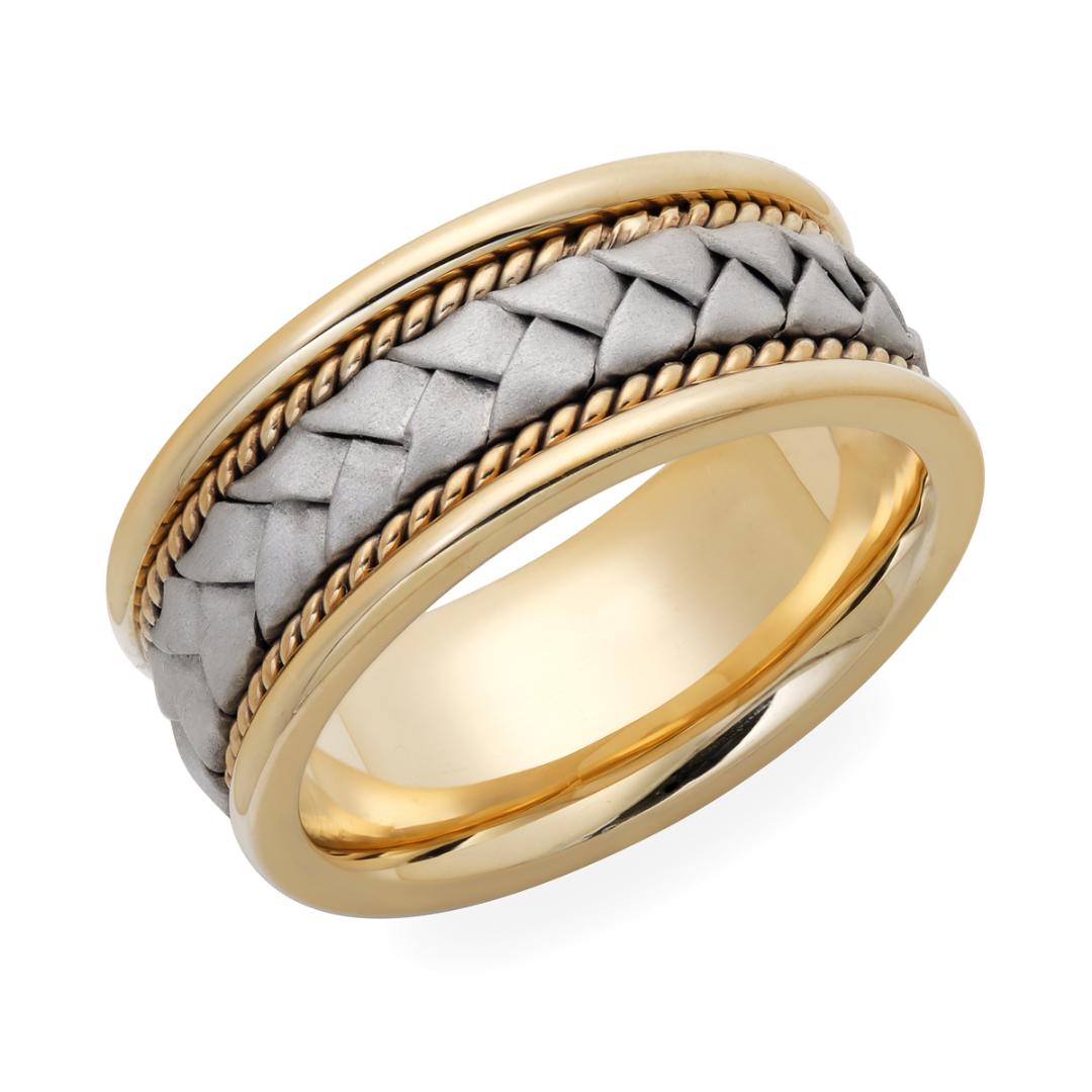 14K White and Yellow Gold Braided Handmade Men's Wedding Ring with Satin Finish, Comfortable Fit, 8mm Wide