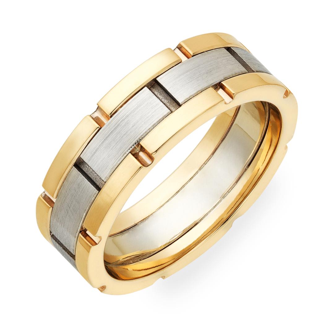 14K white and yellow gold handmade wedding band, 7mm wide with satin finish center and shiny edges, comfort fit design.