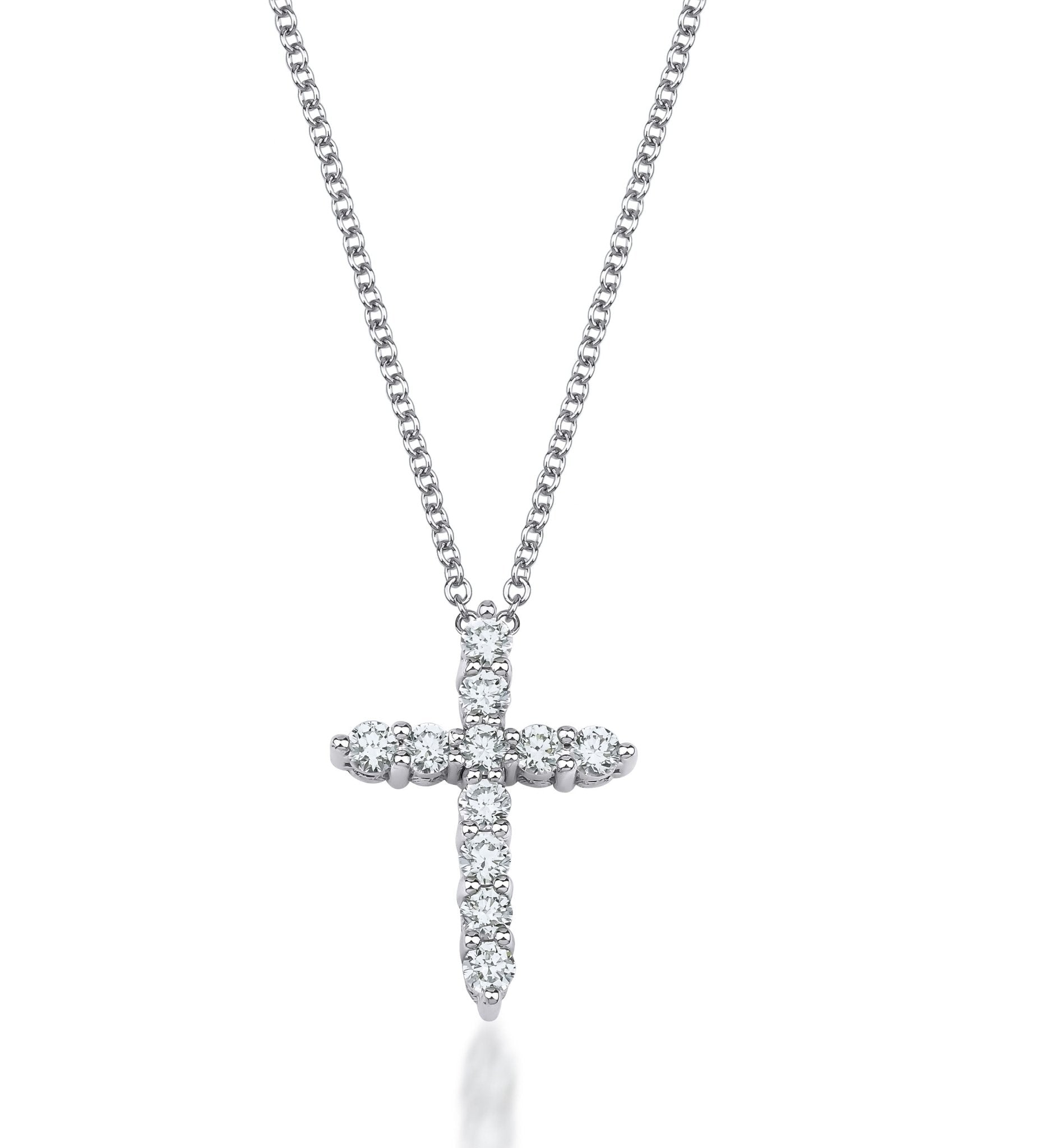 14K solid white gold cross necklace with 0.35 carat lab-created diamonds, elegant sparkle, made in USA.