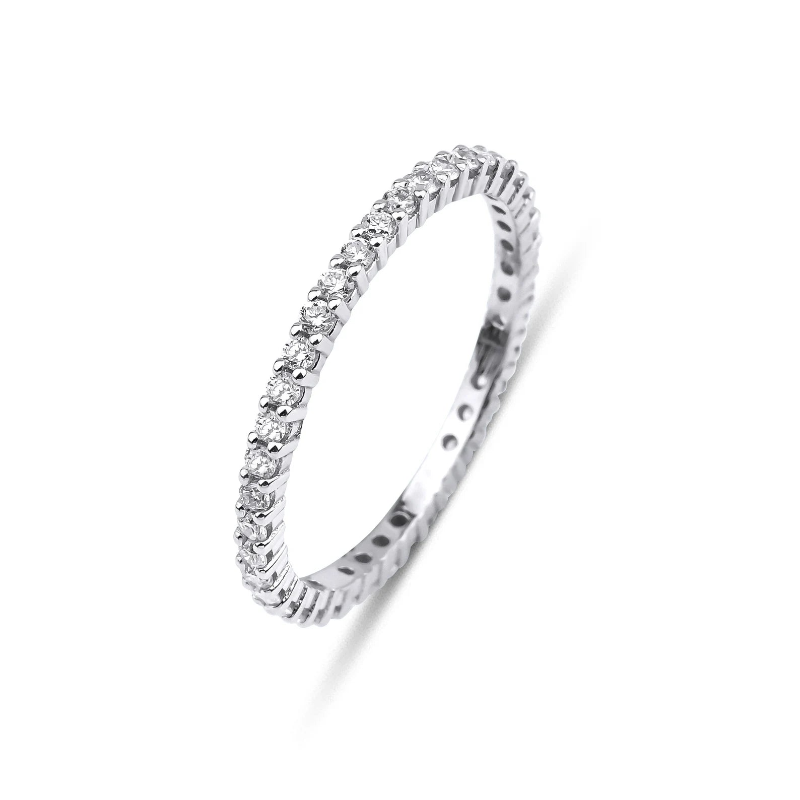 14K white gold full eternity ring featuring 0.60 carats of sparkling round diamonds, size 7.