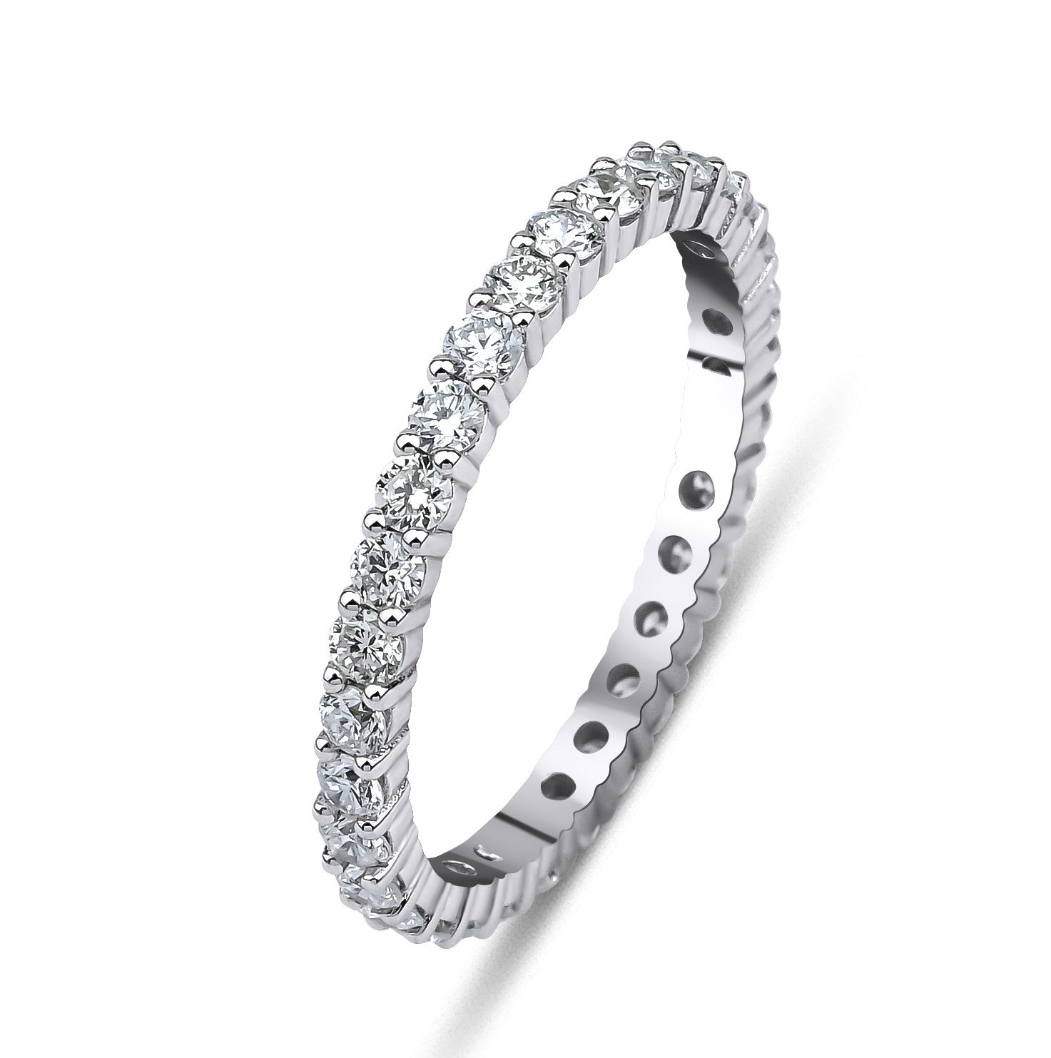 14K white gold eternity ring featuring 1.00 carat lab-grown diamonds, showcasing a sparkling design with 31 round diamonds.