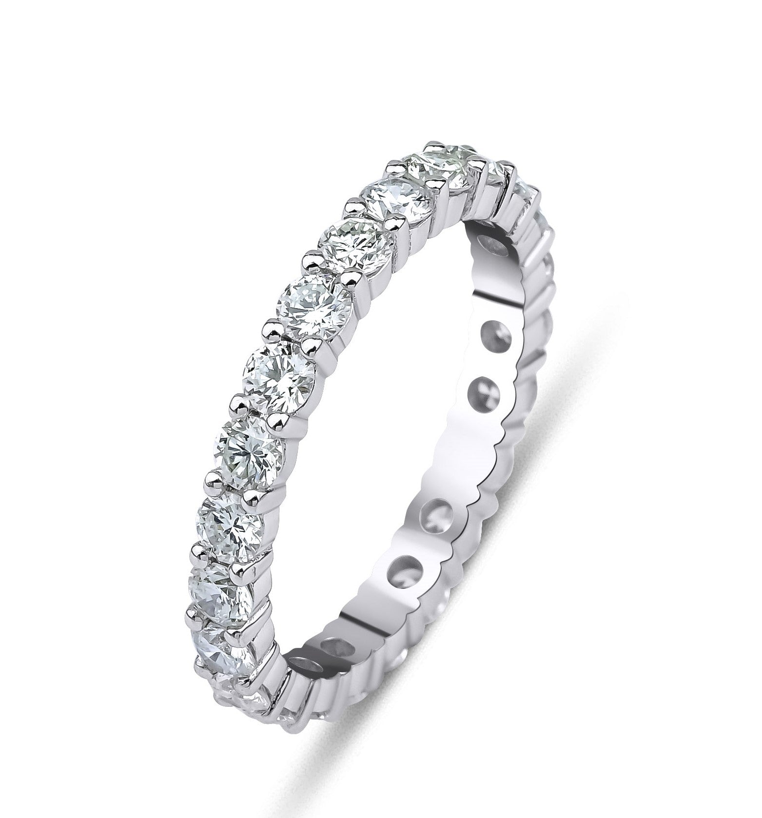 14K white gold eternity wedding band featuring 2.10 carats of lab-grown diamonds, elegant and sparkling design.