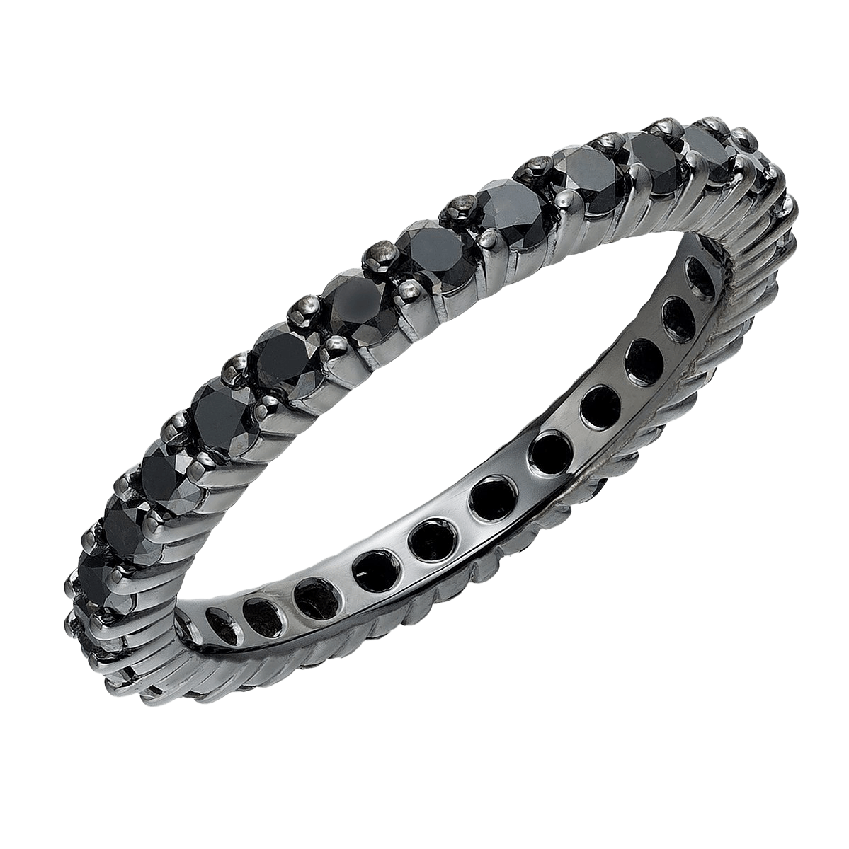 14K gold black diamond eternity wedding ring with shiny finish, featuring round black diamonds totaling 0.80 carats.