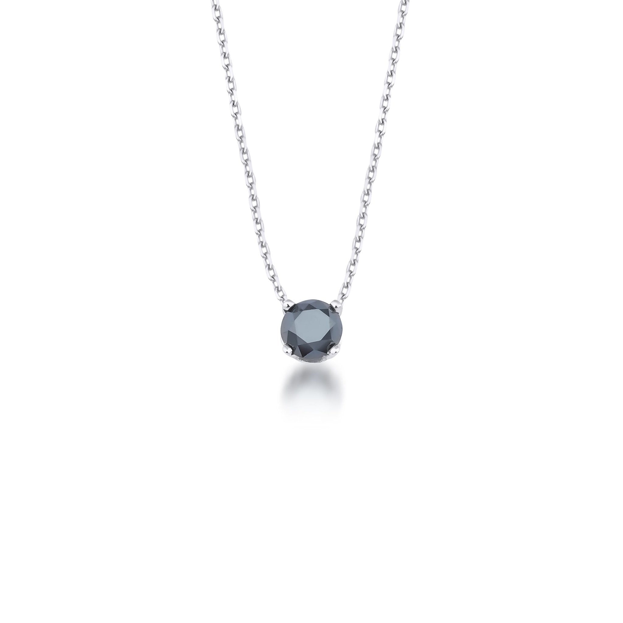 14K white gold black diamond solitaire necklace with 5mm pendant, minimalist design, perfect for everyday wear.