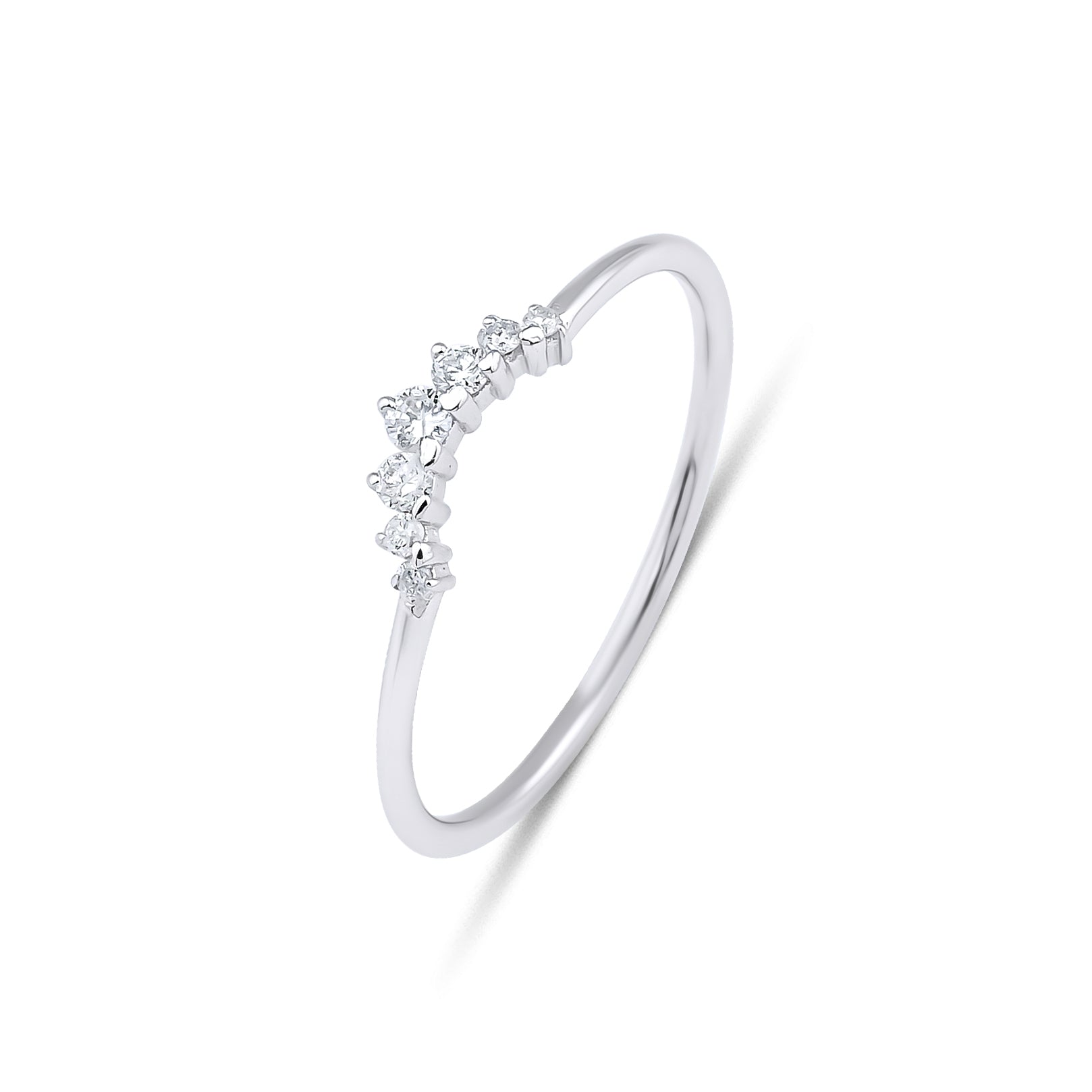 14K white gold curved diamond wedding ring featuring 7 round diamonds and minimalist design, total carat 0.12.