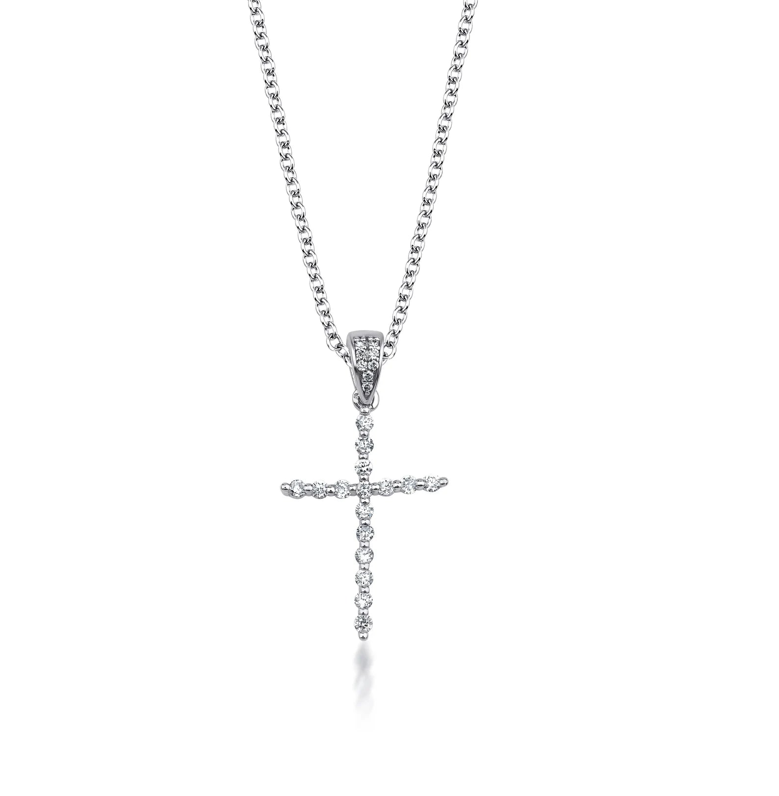 14K white gold minimalist diamond cross necklace with sparkling lab-created diamonds.