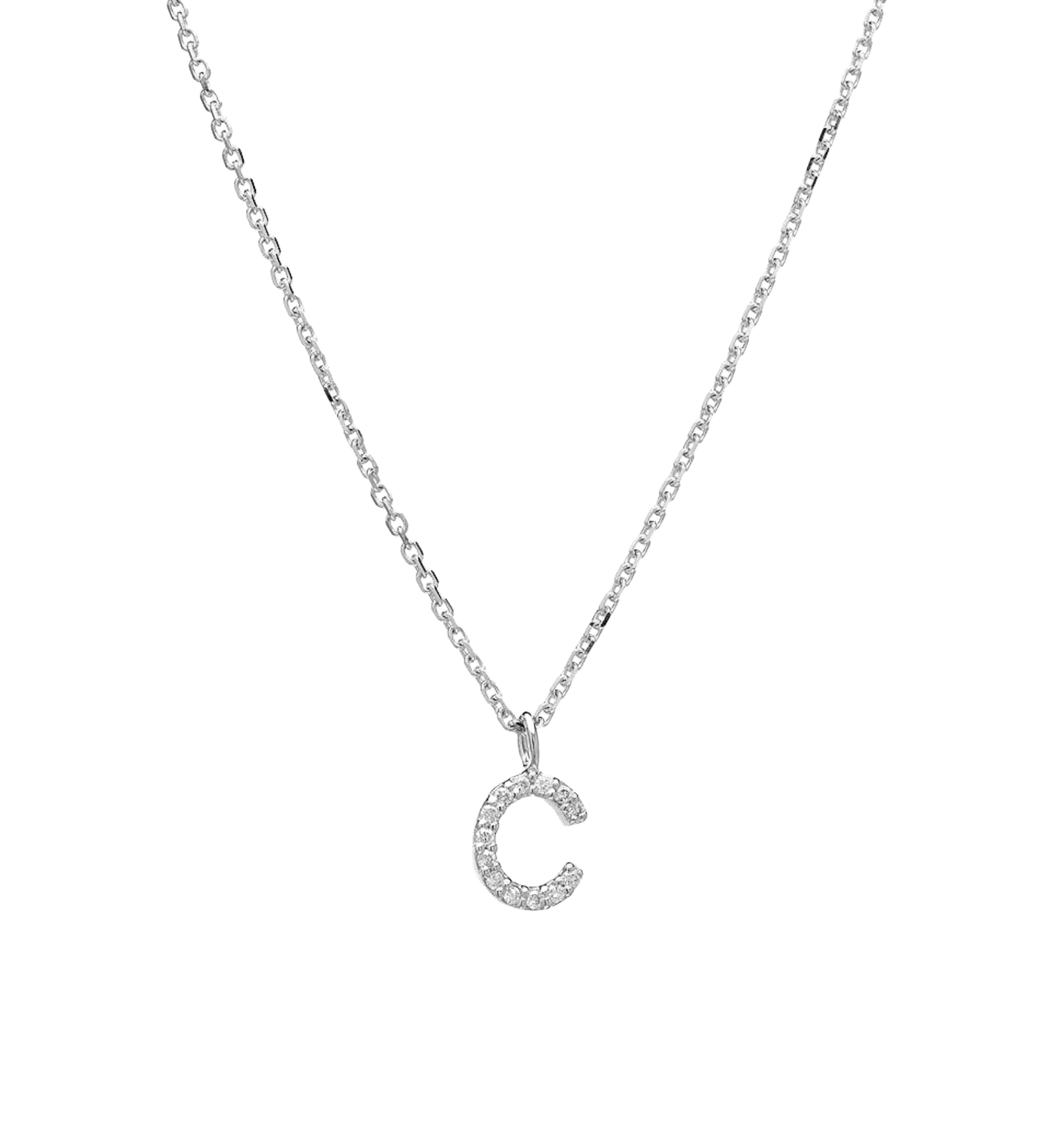 14K white gold diamond initial necklace, featuring letter C pendant with sparkling diamonds, dainty and elegant design.