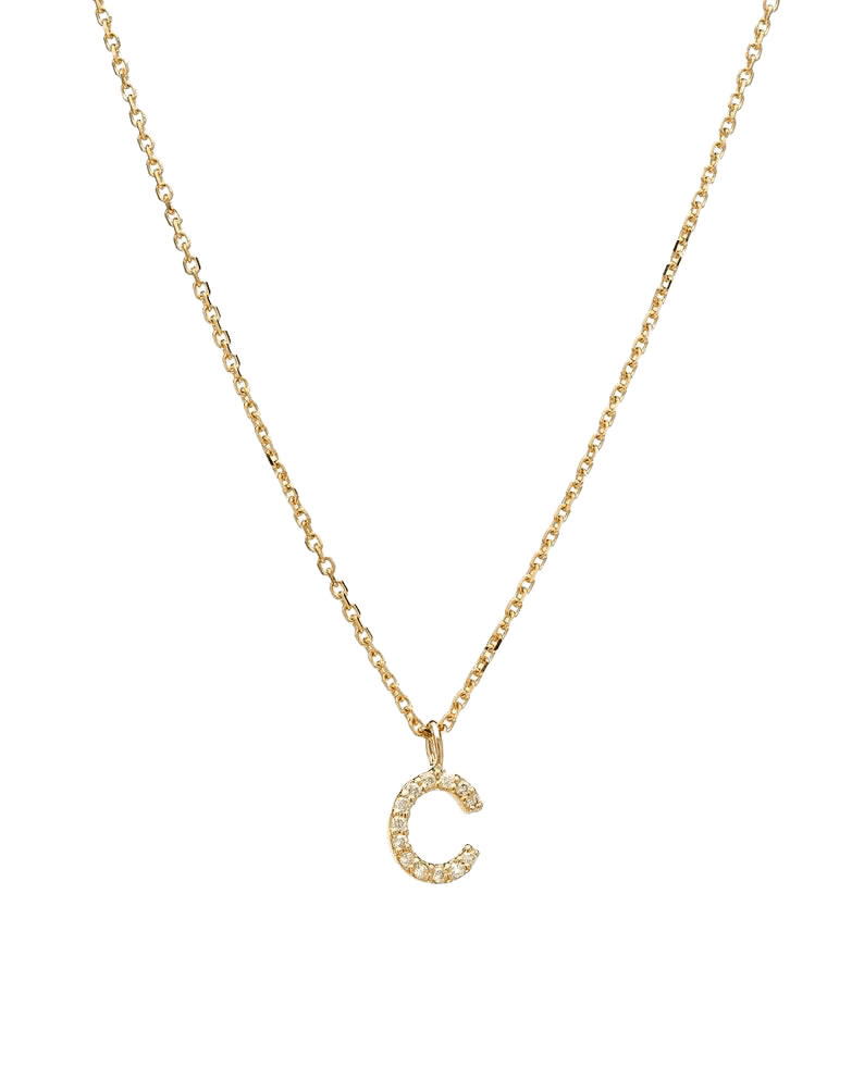 14K white gold diamond initial necklace with letter C, dainty design, perfect for jewelry lovers.