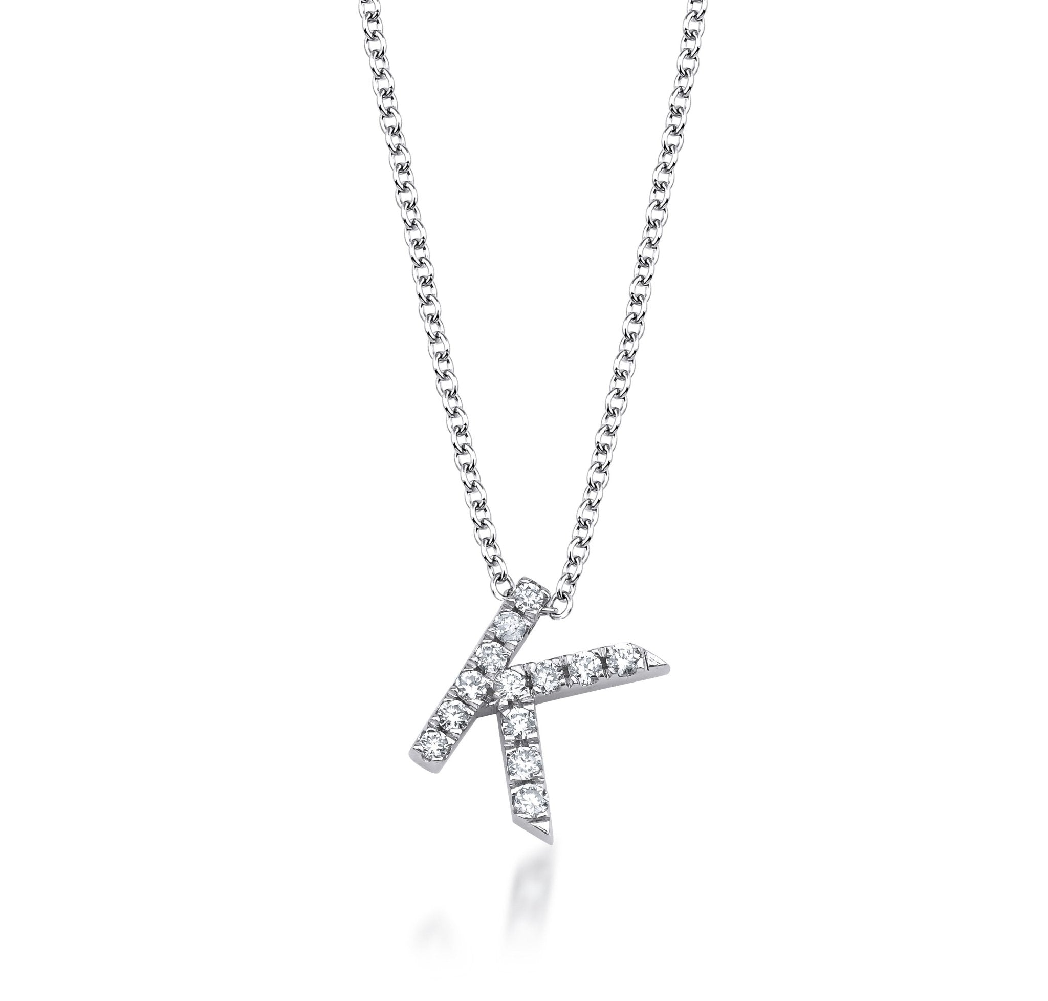 14K white gold diamond initial necklace featuring letter K with sparkling diamonds.
