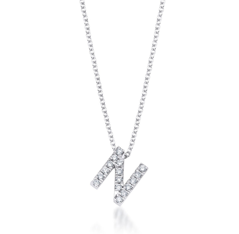 14K White Gold Diamond Initial Necklace, Letter N Necklace