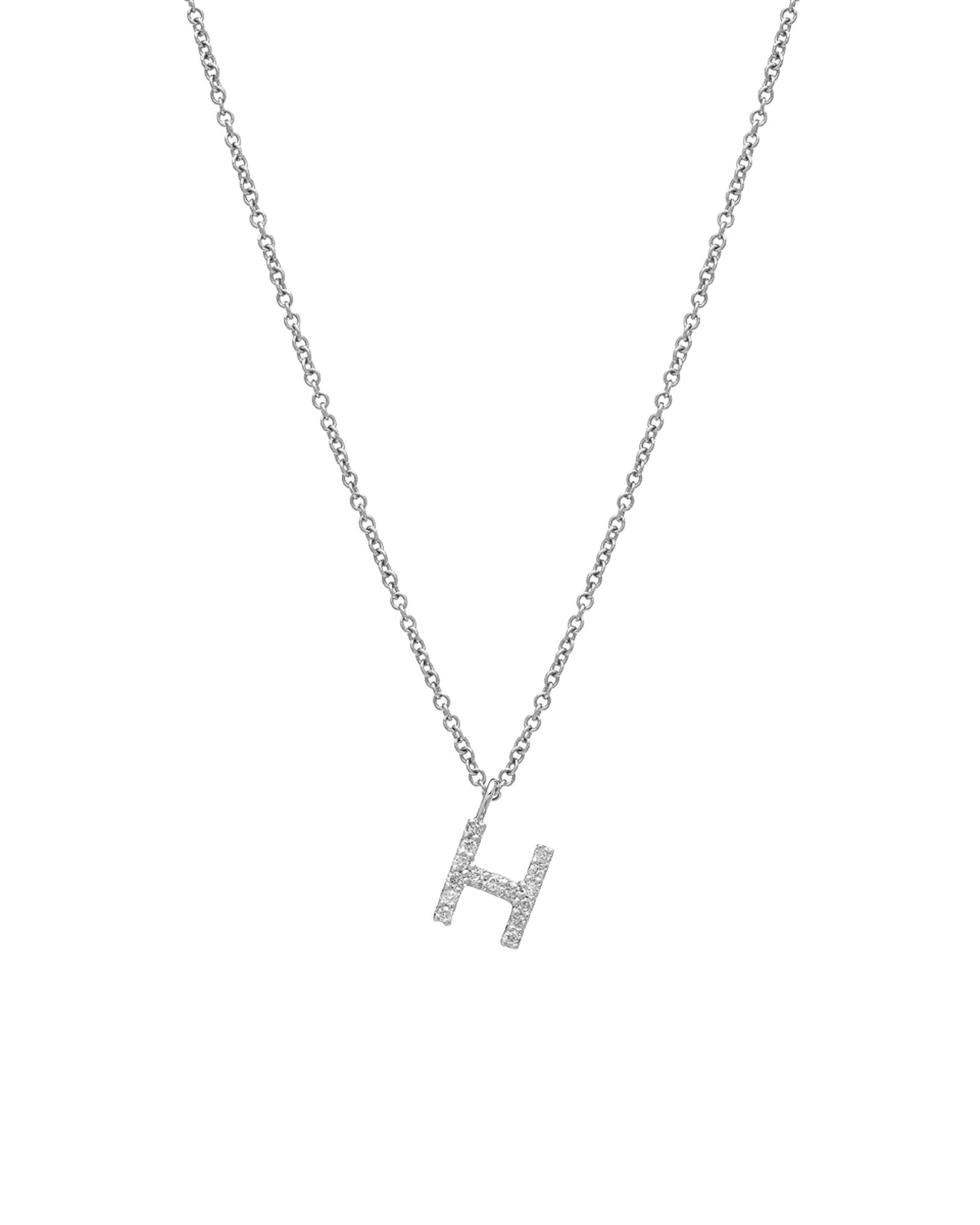 14K white gold initial necklace with diamond letter H, dainty design, elegant jewelry for personalized style.