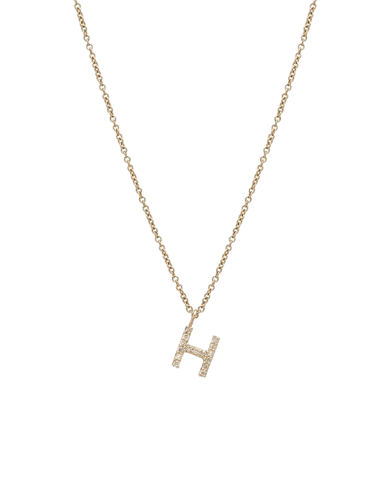 14K white gold diamond initial necklace, letter H, featuring 14 sparkling diamonds, dainty chain, 16 inches length.
