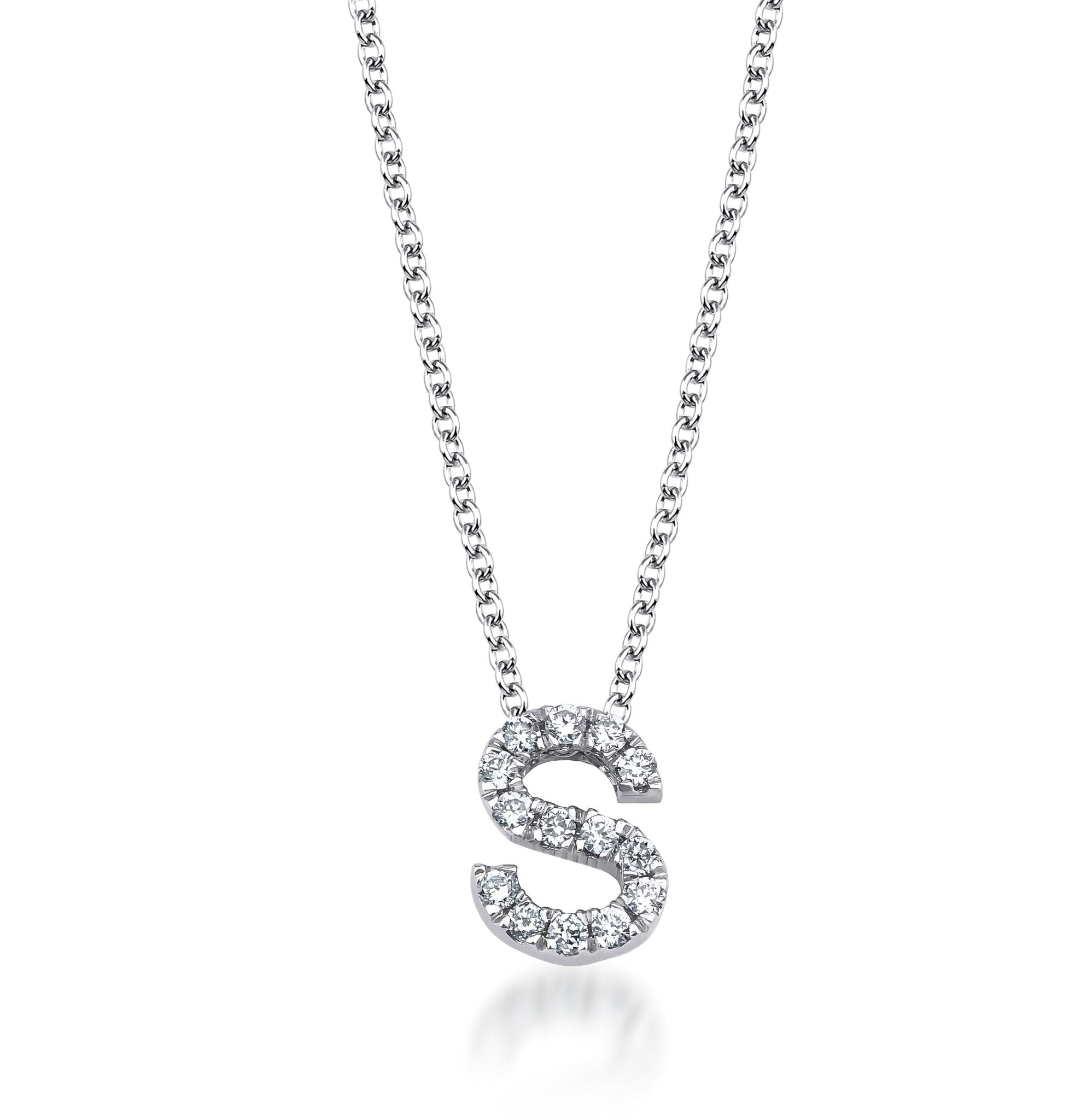 14K solid white gold diamond initial necklace featuring the letter S with a sparkling design.