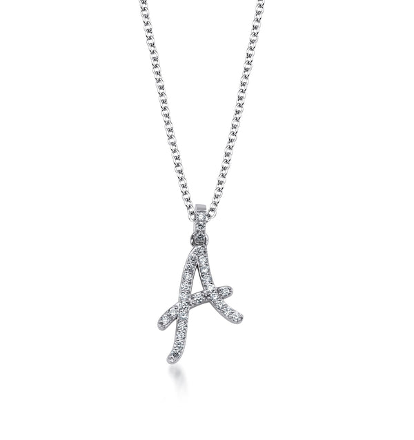 14K White Gold Diamond Initial Necklace, Script Letter A Necklace
