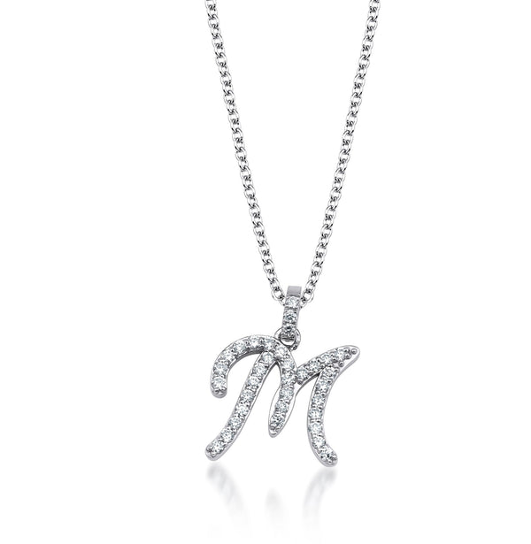 14K White Gold Diamond Initial Necklace, Script Letter M Necklace