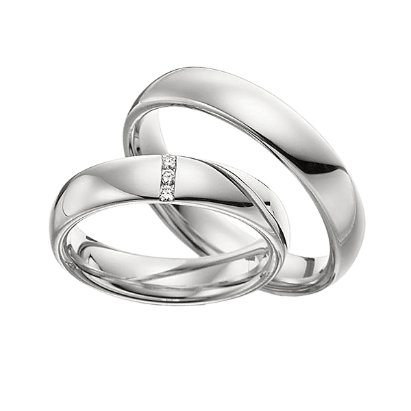 His and Hers diamond wedding bands set in white gold, featuring a shiny finish and a comfort fit design.