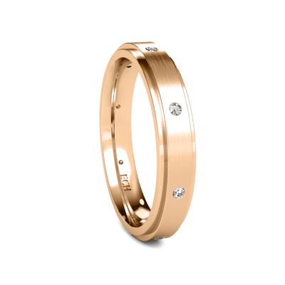 14K white gold wedding ring with satin finish and diamonds, ideal for men and women, showcasing elegant comfort fit design.