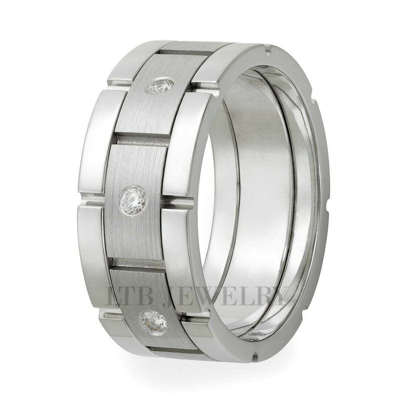 14K White Gold Diamond Mens Wedding Ring 8.5mm