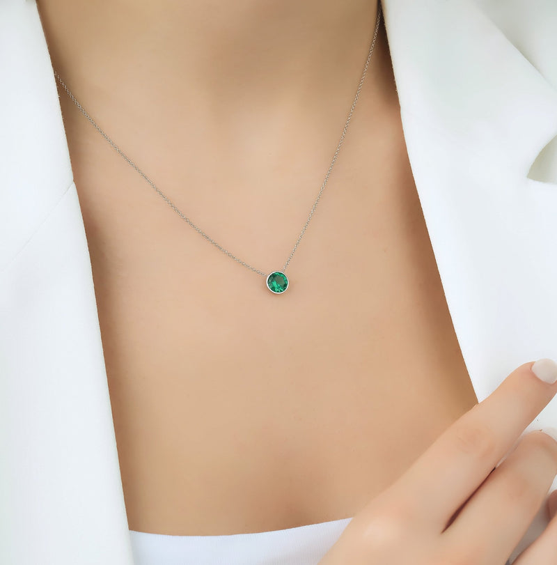 14K White Gold Emerald Solitaire Necklace, 6mm Bezel Set Minimalist Emerald Necklace, May Birthstone