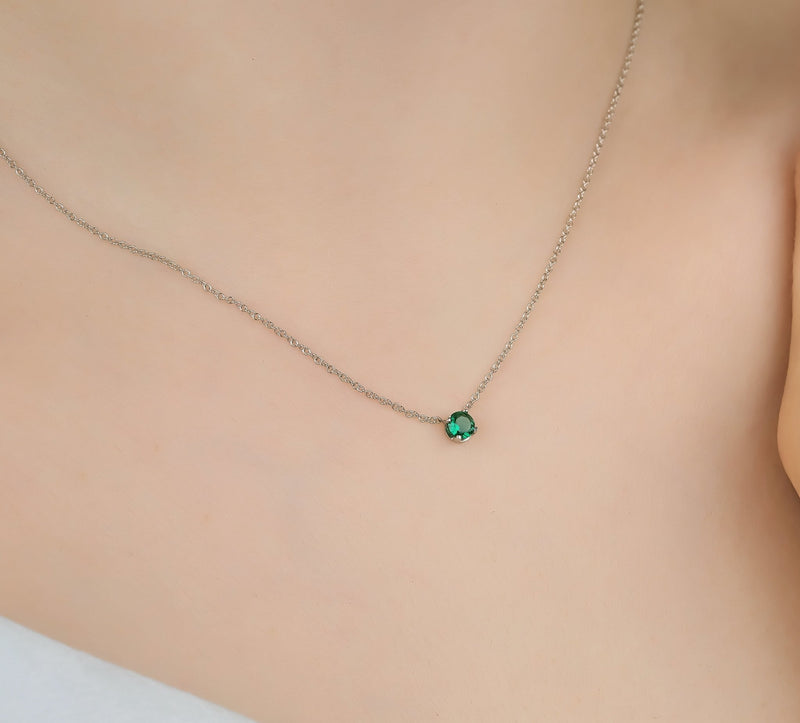 14K White Gold Emerald Solitaire Necklace, May Birthstone