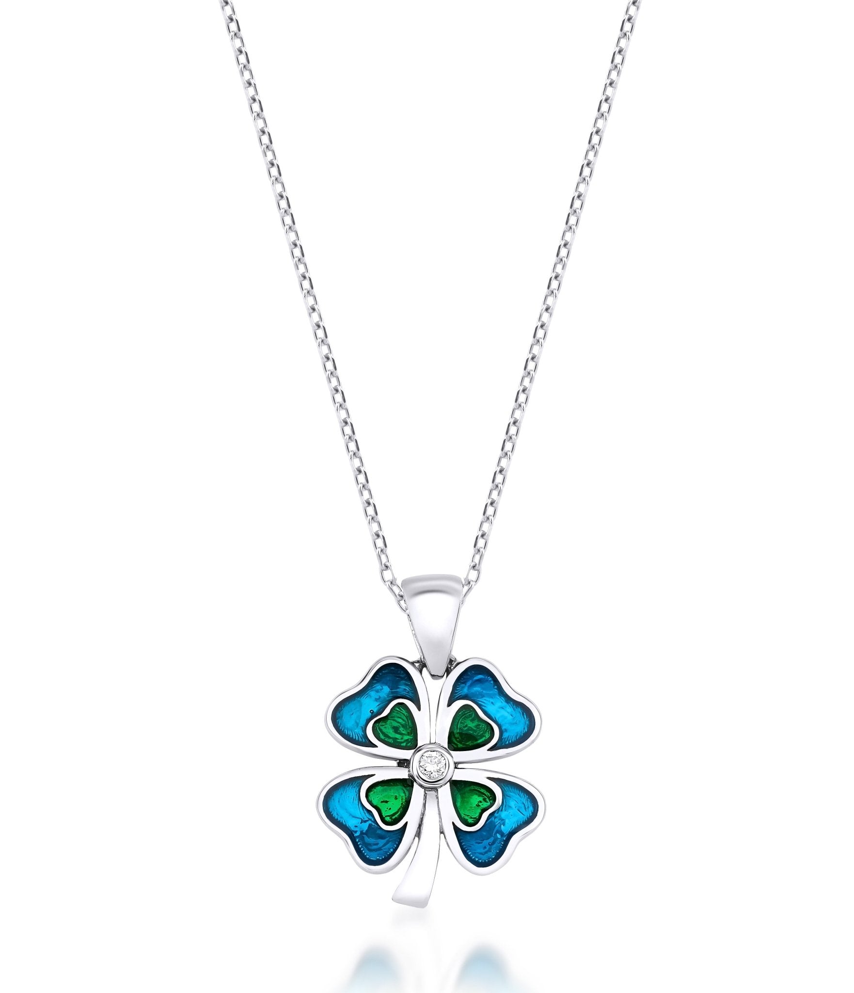 14K solid white gold enamel four leaf clover necklace with diamond, 16-inch chain, dainty minimalist design.