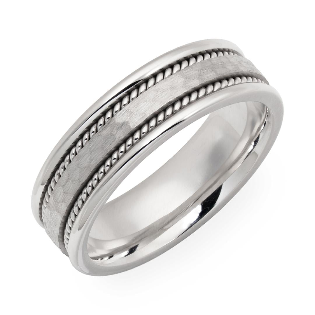 14K white gold hammered finish braided wedding band, 6.5mm wide, handmade comfort fit ring from New York.