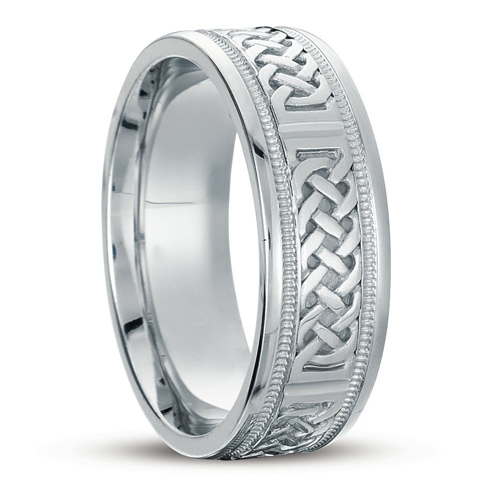 14K white gold handmade Celtic men's wedding band with intricate design, 7mm wide, shiny finish, milgrain details.
