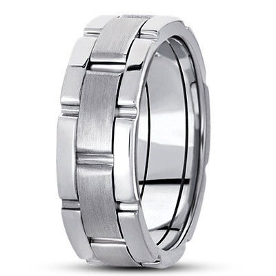 14K white gold handmade men's wedding band with satin and shiny finishes, 7mm wide, comfort fit, crafted in New York.