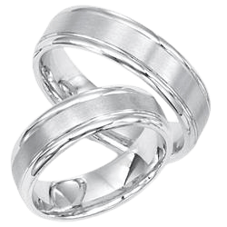 6mm solid white gold his and hers wedding bands with satin and shiny finishes, comfort fit, available in various metals.