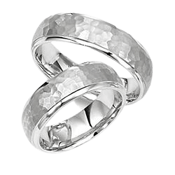 Matching his and hers hammered finish wedding bands in solid white gold, comfort fitted, 6mm wide, elegant design.