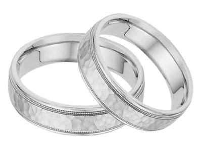 Elegant matching 6mm white gold wedding bands with hammered finish and milgrain edges, comfort fitted design.