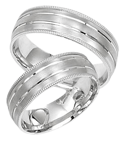 His and hers wedding rings set in solid white gold with satin finish and milgrain details.