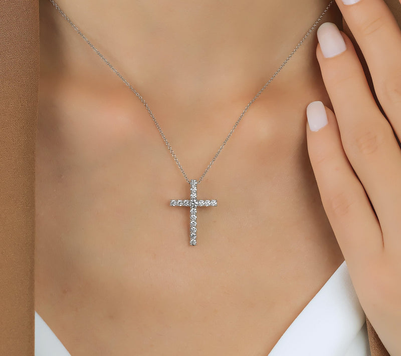 14K White Gold Lab Grown Diamond Cross Necklace, Cross Pendant