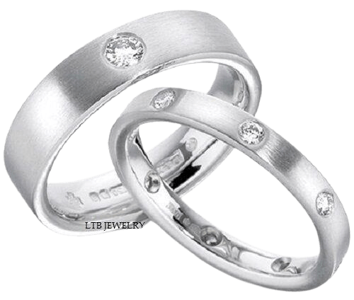 14K white gold matching wedding rings set with brilliant diamonds, satin finish, comfort fitted, his and hers bands.