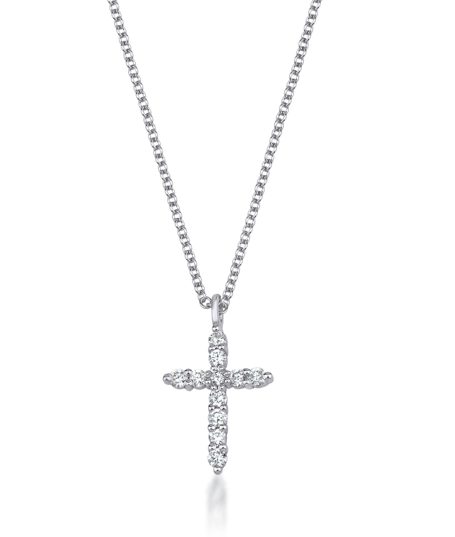 14K white gold diamond cross necklace with minimalist design and sparkling lab-created diamonds.