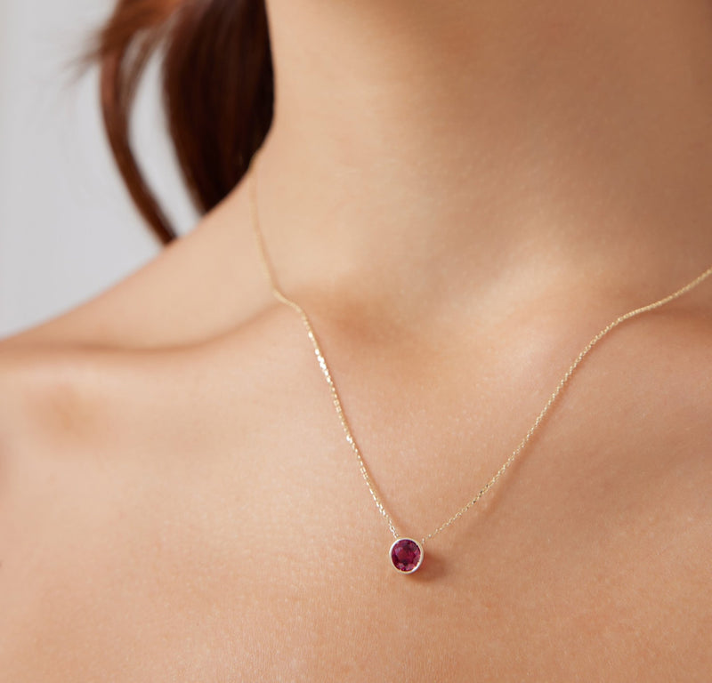 14K White Gold Minimalist Ruby Solitaire Necklace, 6mm Bezel Set Ruby Necklace, July Birthstone