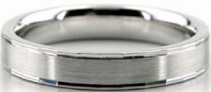 14K white gold unisex wedding band, 4mm wide, satin finish center, shiny edges, comfort fitted, made in New York.