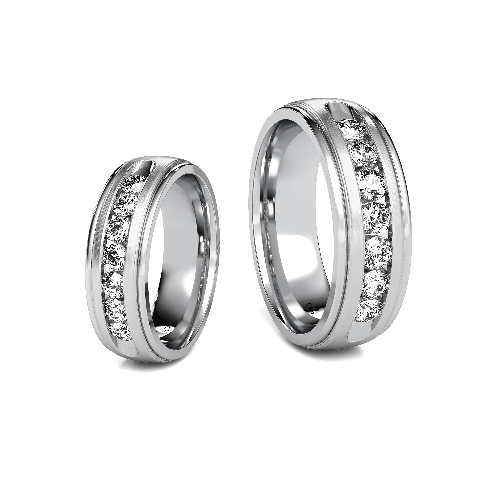 14K white gold wedding bands featuring round brilliant cut diamonds with a sleek polished finish.