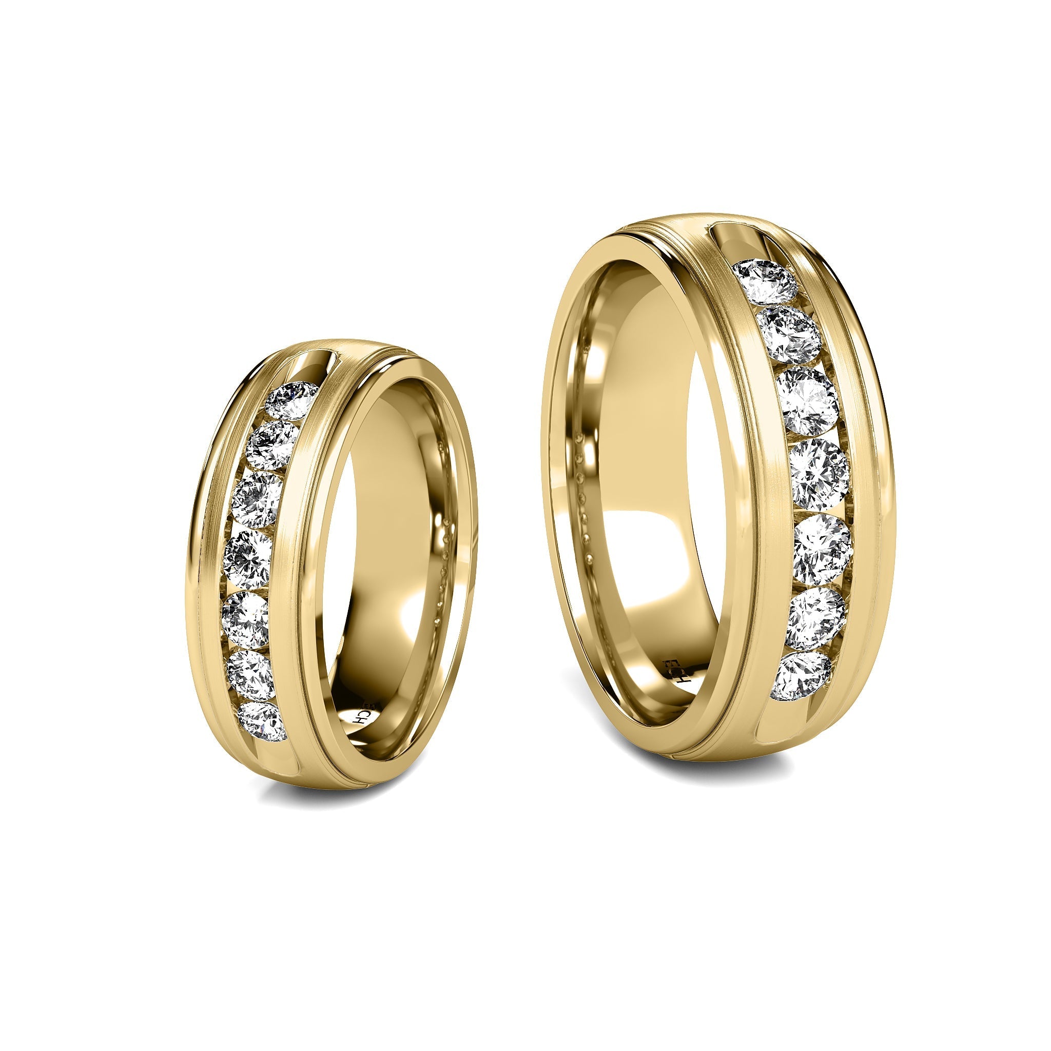 14K yellow gold mens wedding bands featuring 7 brilliant cut diamonds, comfort fit design, elegant satin and shiny finishes.