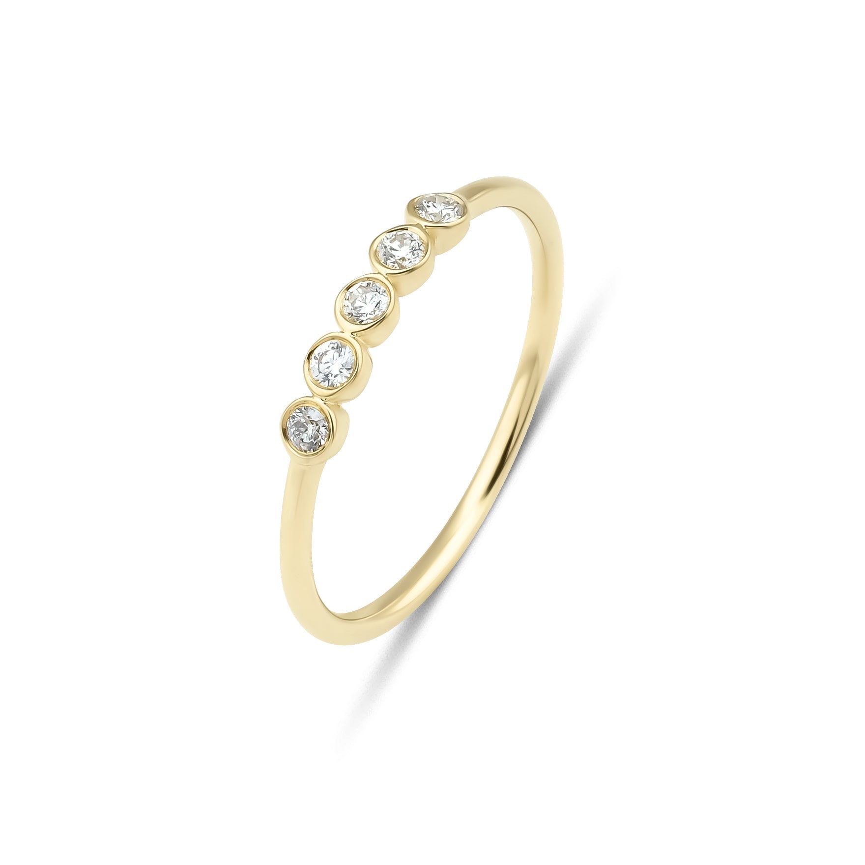 14K yellow gold minimalist wedding ring with five bezel-set round diamonds, perfect for everyday wear.
