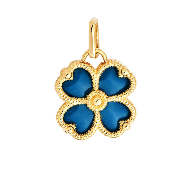 14K Yellow Gold Blue Enamel Four Leaf Clover Pendant or Necklace