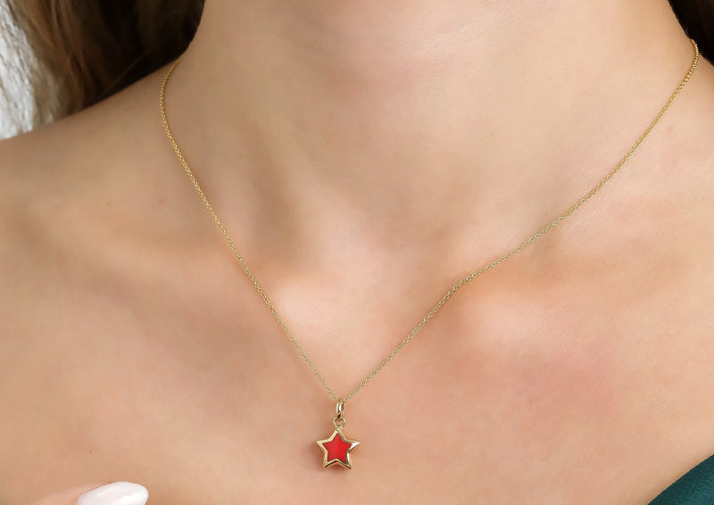 14K Yellow Gold Coral Puffed Star Necklace