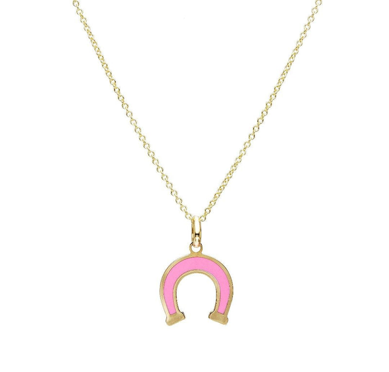 14K Yellow Gold Dainty Pink Horseshoe Necklace
