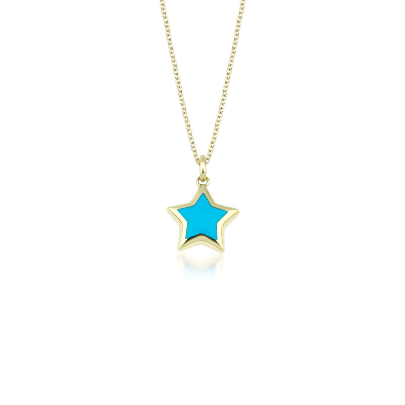 14K Yellow Gold Dainty Turquoise Puffed Star Necklace