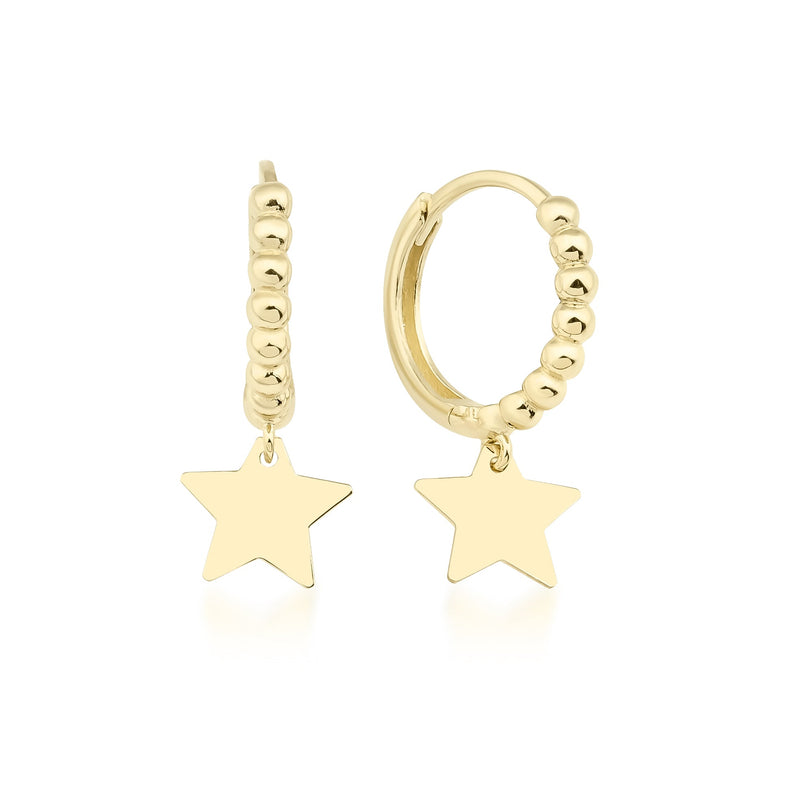 14K Yellow Gold Dangle Star Hoop Earrings