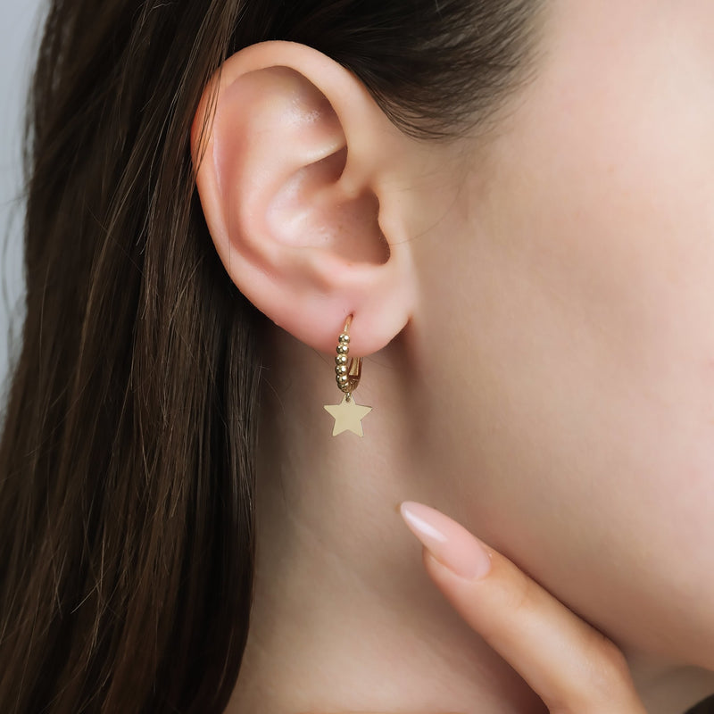 14K Yellow Gold Dangle Star Hoop Earrings
