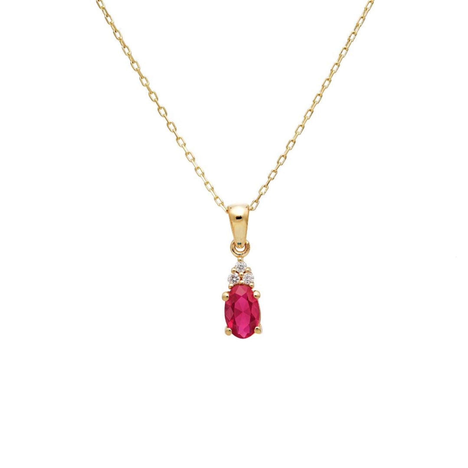 14K yellow gold necklace featuring a lab-created ruby solitaire pendant with natural diamonds, elegant and dainty design.