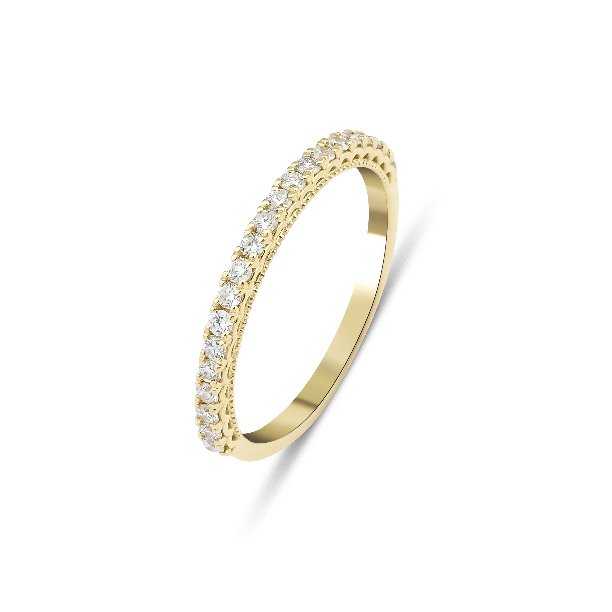 14K gold half eternity diamond wedding ring featuring 27 round diamonds in a shiny finish, perfect for engagements or anniversaries.