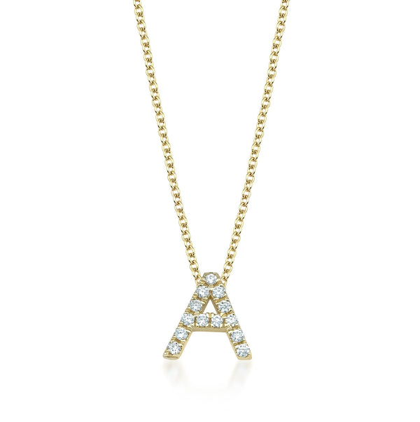 14K Yellow Gold Diamond Initial Necklace, Letter A Necklace